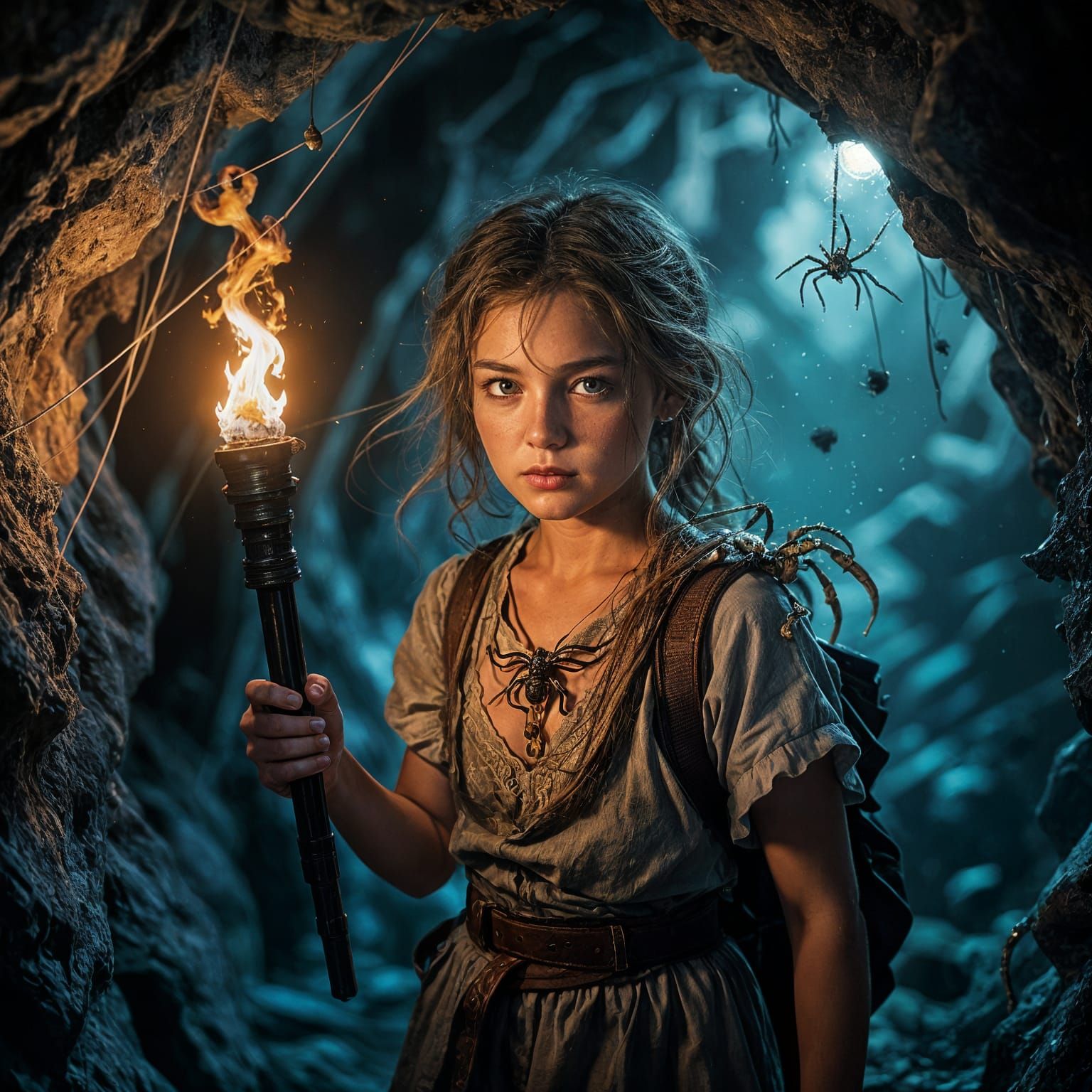 in a dark cave covered with cobwebs a girl is making her way with a torch in her hand in search of treasure. ...  by @Schoor