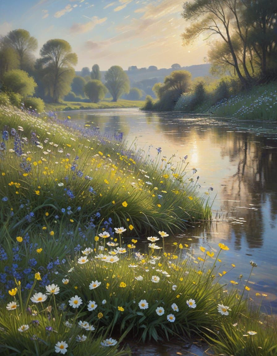  A waterside  meadow strewn flowers.   by @Digiman