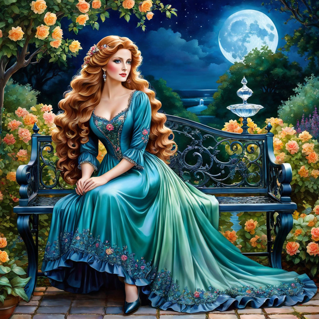 Beautiful Victorian Woman Sitting Under Full Moon