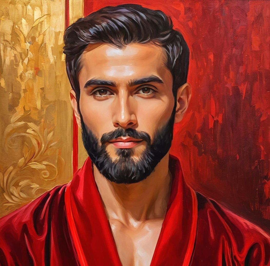 A friendly handsome bearded man wearing a red velours bathro...