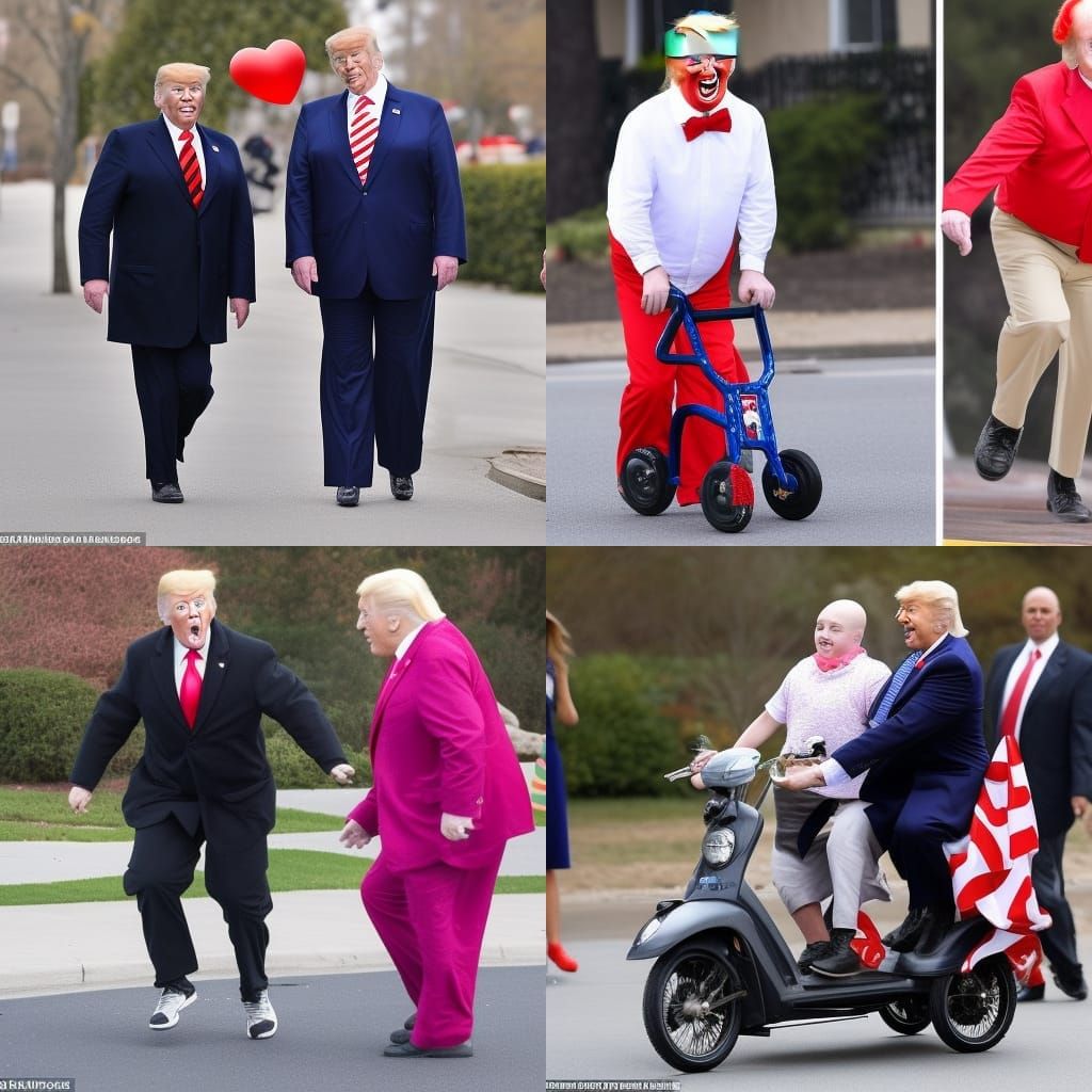donald trump with downs syndrome on a bicycle trying to jugg...