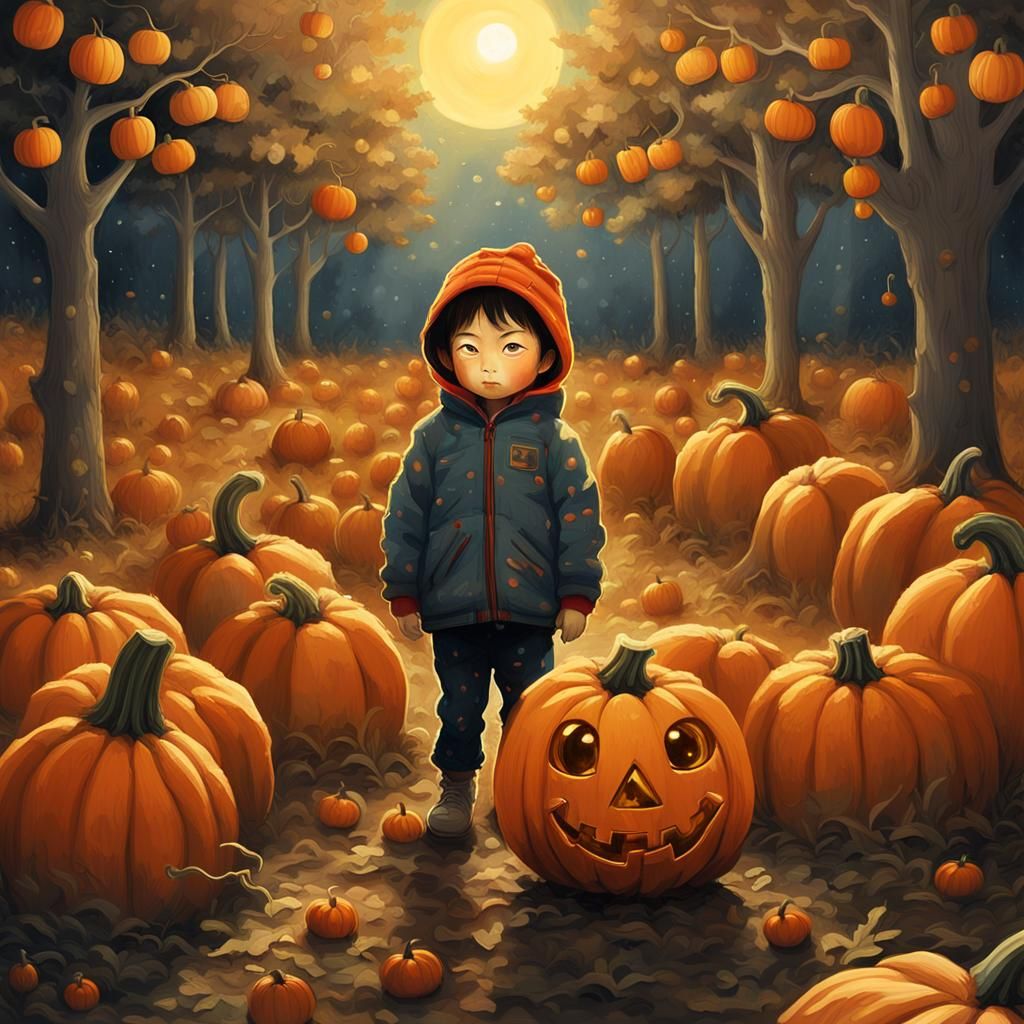 Chibified Pumpkin Portrait in Mixed-Media Style