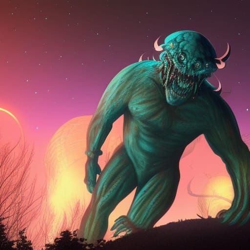 futuristic  night scape with a terrifying monster