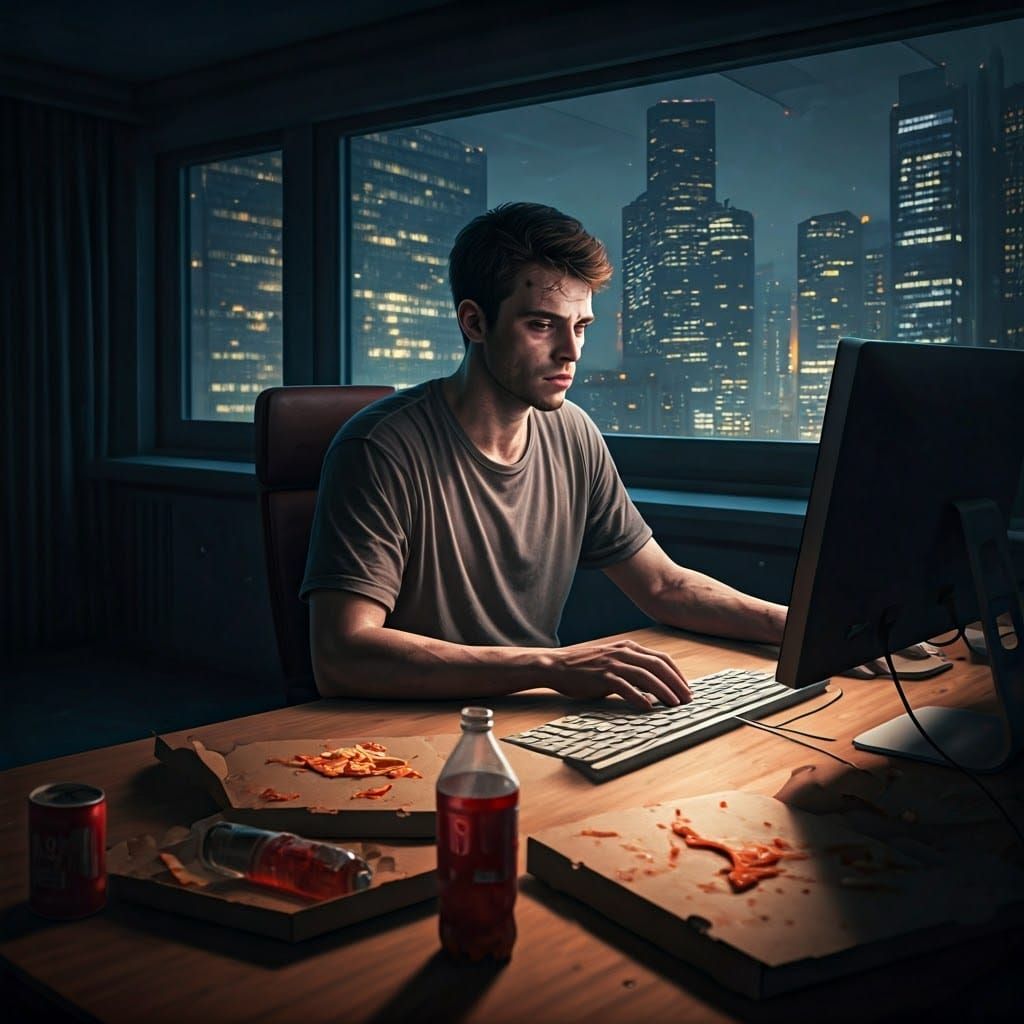 Exhausted Youth Amidst Cityscape Despair