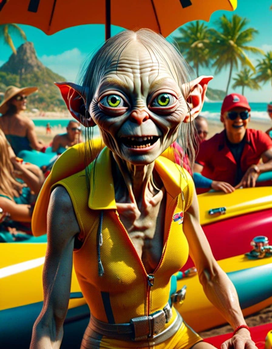 <lora:Gollum:1.0>gollum as a surf lifesaver from baywatch, colourful, beach themed 64k high quality, 64K UHD,64K HDR,10000+ HQ, 240FPS photo...