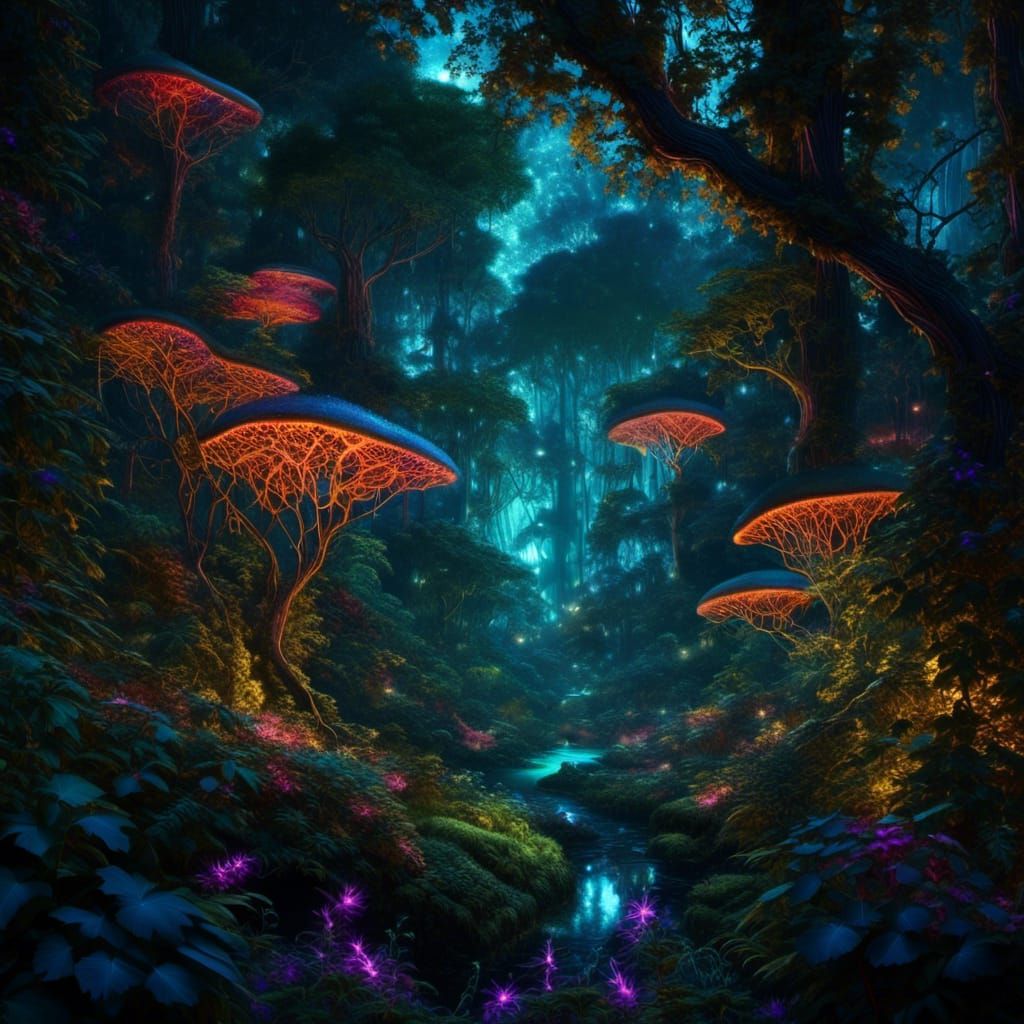 "Glowing Rainforest Canopy": An aerial view of a dense rainforest canopy at night, illuminated by neon lights hidden among the foliage. tree...