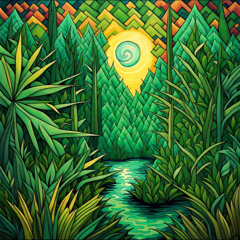 Lush Jungle. Van Gogh deep color geometric abstract art acry...
