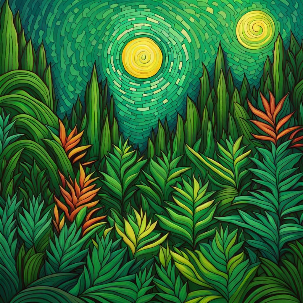 Lush Jungle. Van Gogh deep color geometric abstract art acry...