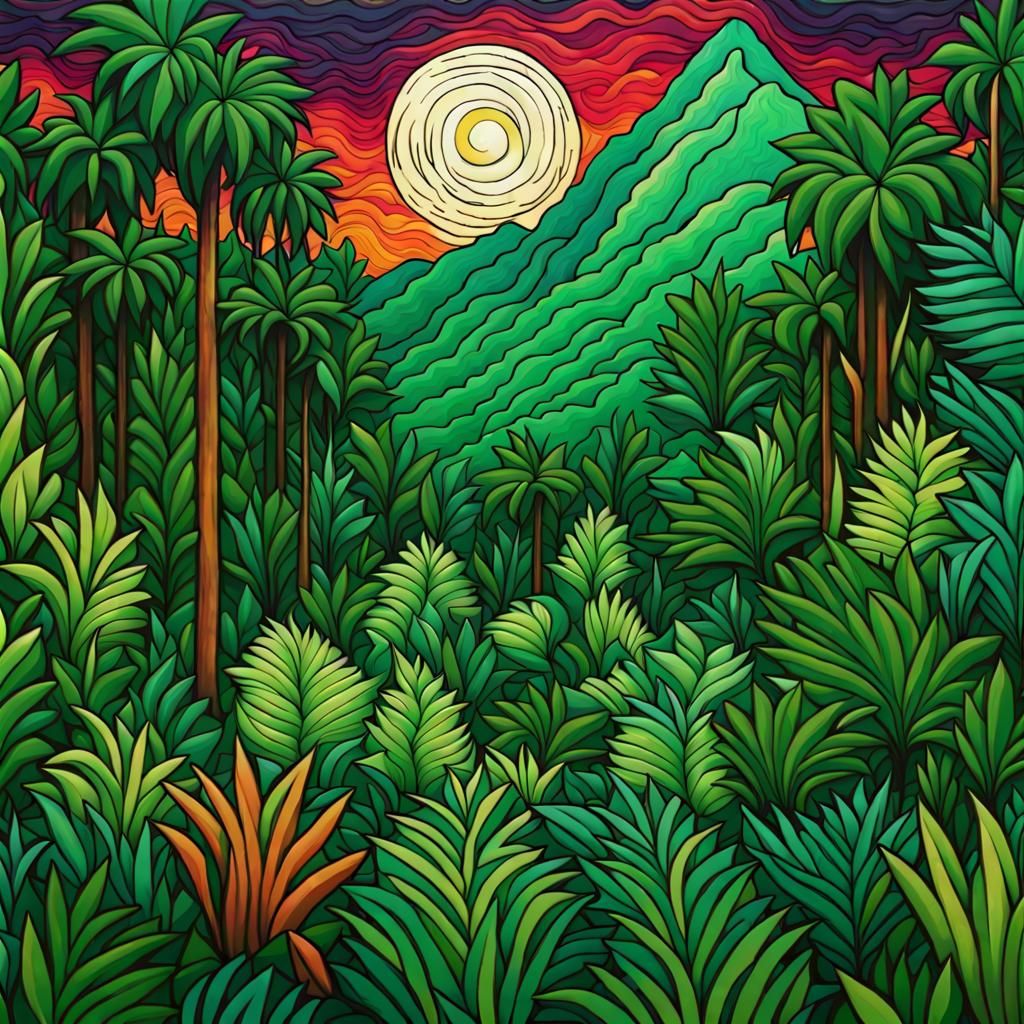 Lush Jungle. Van Gogh deep color geometric abstract art acry...