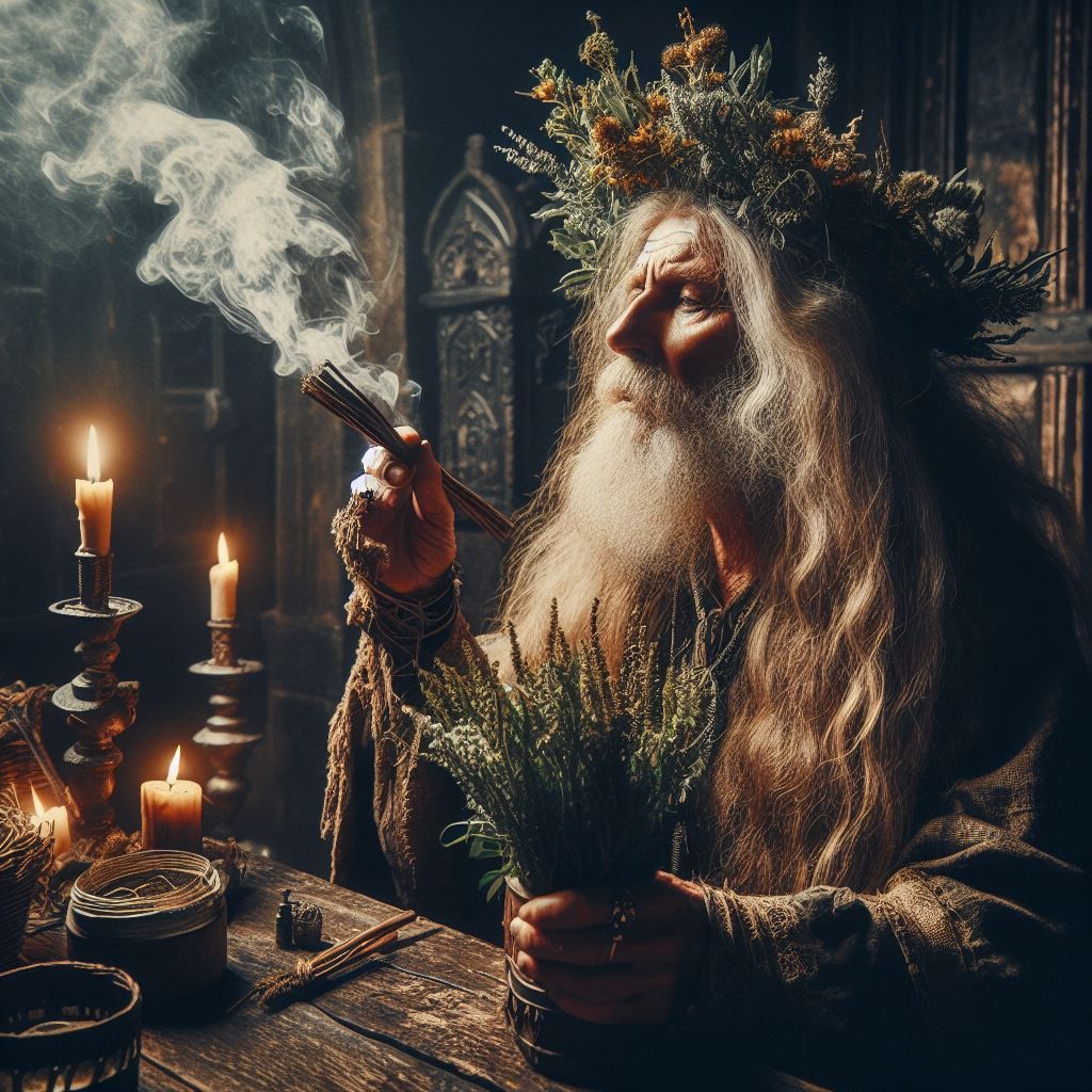 Medieval wizard with crown of herbs conducting a smudging ceremony