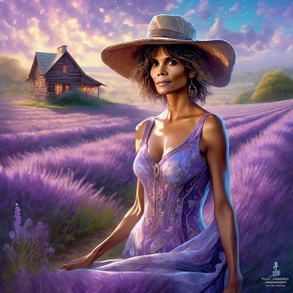 Halle Berry in a lilac printed sensual dress, Strawhat, Lave...