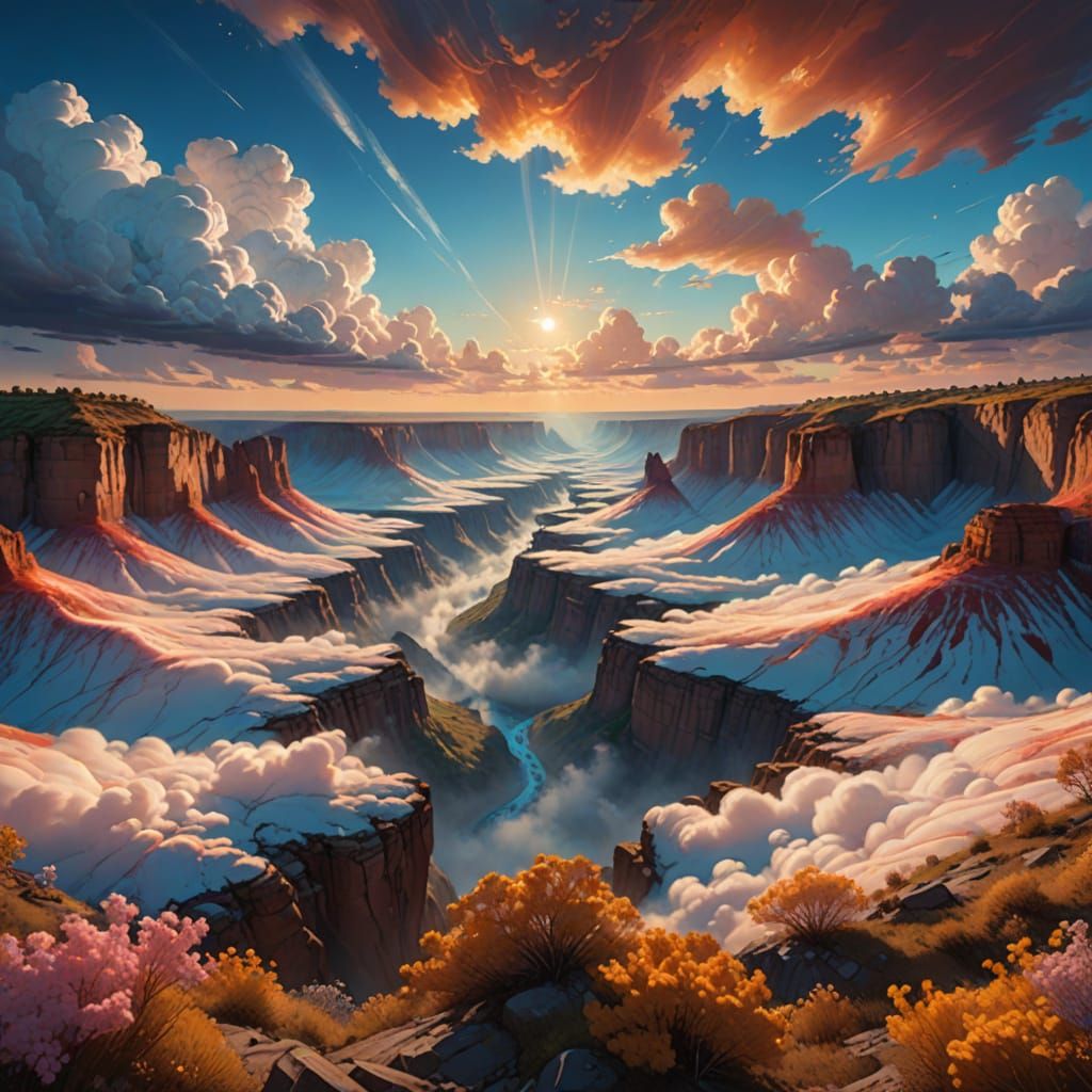 An extravagant canyon formed from swirling candy-like clouds, accented by sparkling gems embedded within the formations. Bright, cheerful co...
