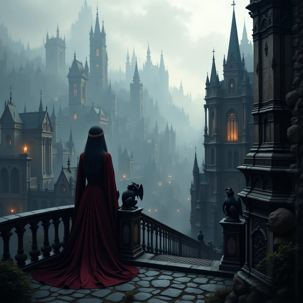 Gothic Queen Overlooking Misty City in Dark Fantasy Art