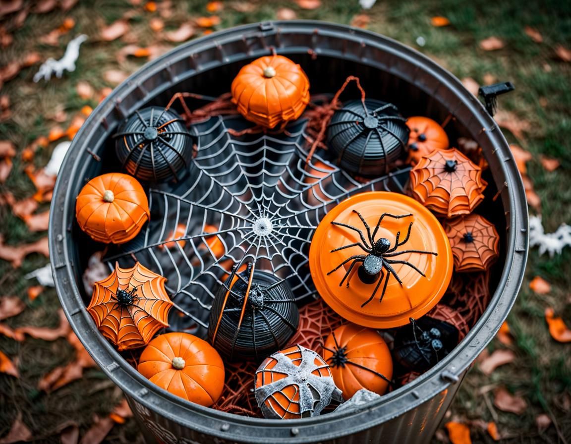 Halloween is over decorations in a garbage can
