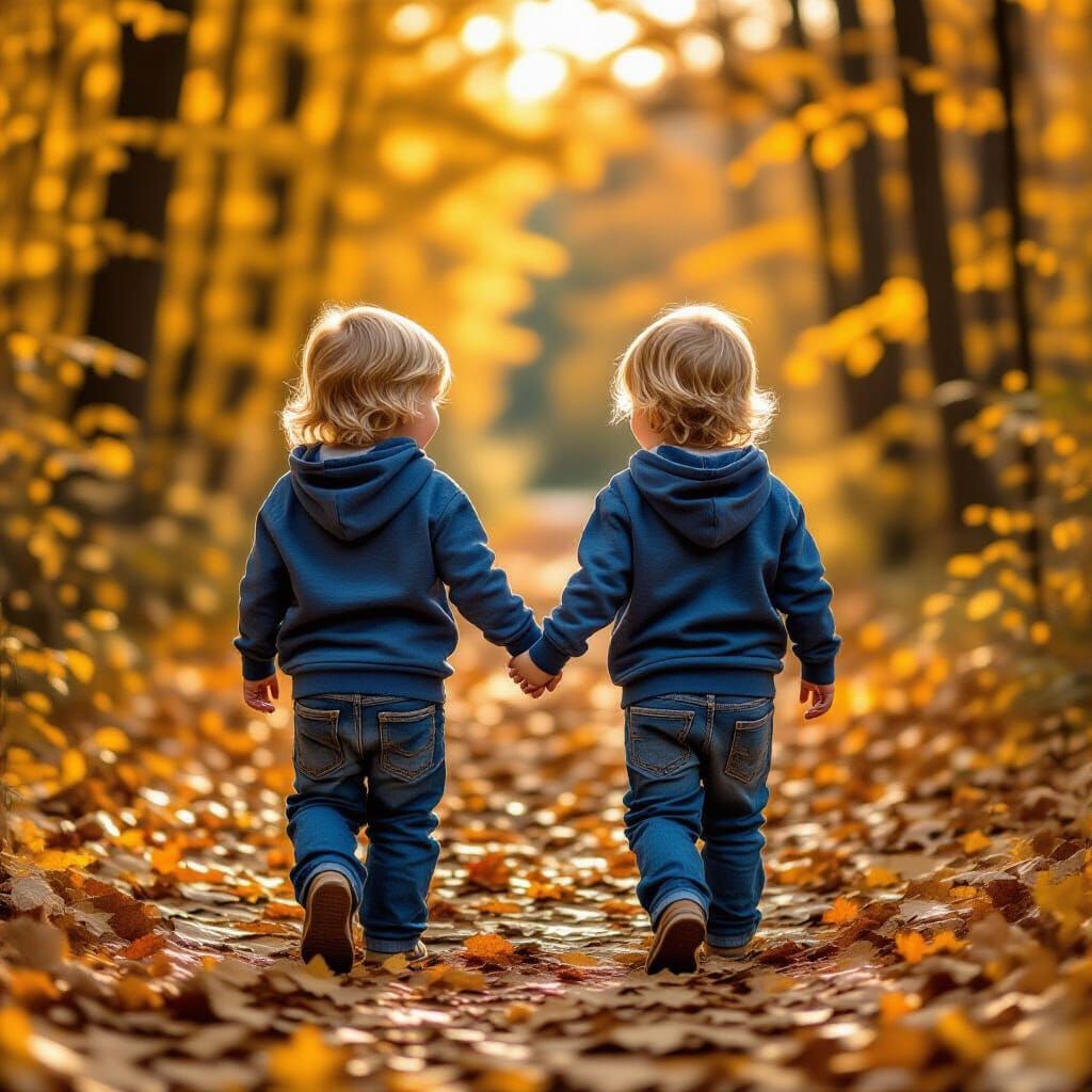 Twin Boys in Autumn Forest: Golden Sunlight, Blue Hoodies