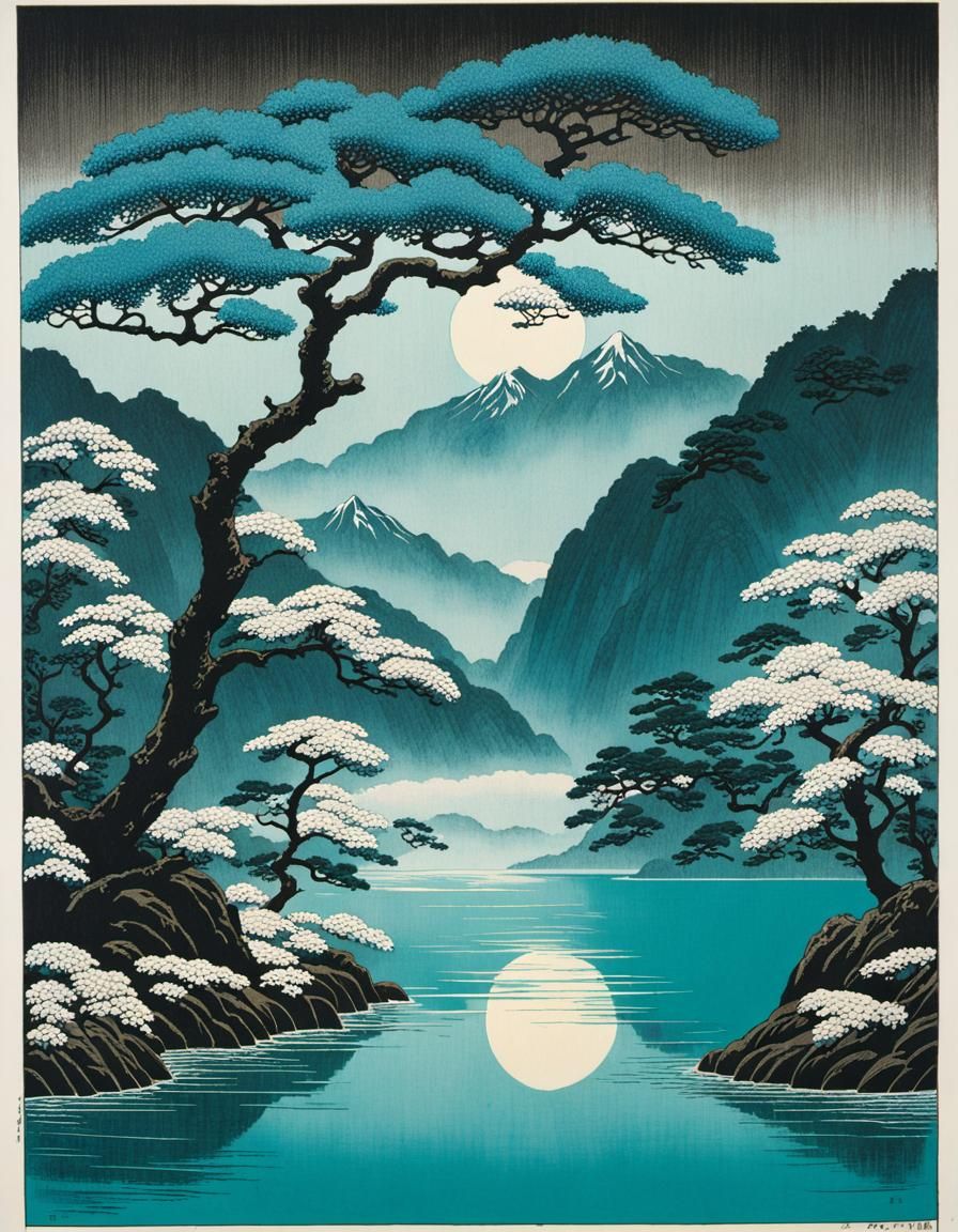 TURQUOISE,  shin-hanga wood block print, white paper, Benji ...