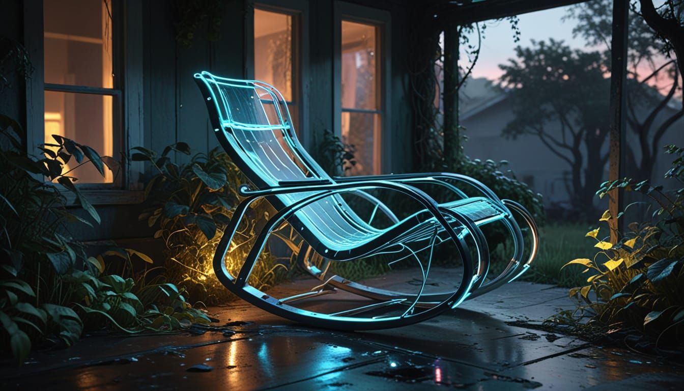 Ultra-realistic cinematic scene. A futuristic rocking chair made of polished chrome and glowing neon ...  by @aNta