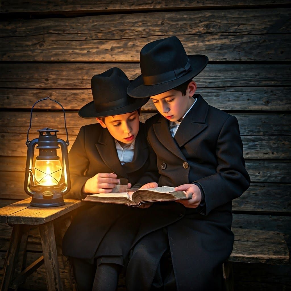 Contemplative Hasidic Children Study in a Cozy Cabin