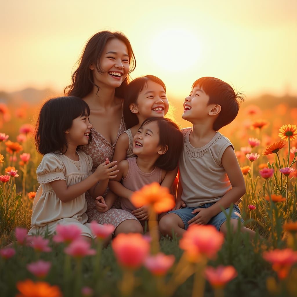 A Philippine mother with four kids, laughing and playing in a field of beautiful flowers, serene and peaceful mood, joy, happiness.