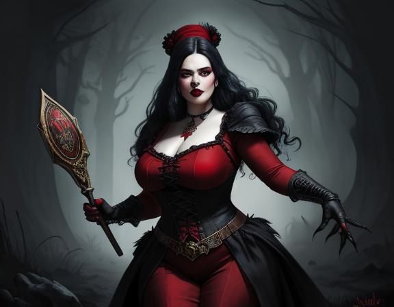 A fantasy illustration of a	female	plus-sized	Halfling	Necromancer	 wearing conservative clothing,	 near ...  by @Lots-of-games-to-play