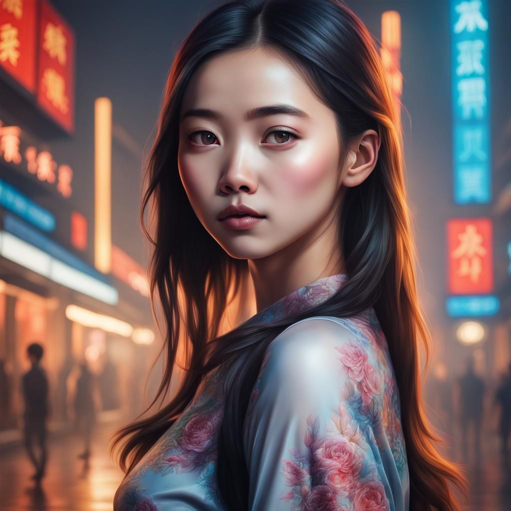 portrait of beautiful asian girl, digital art, highly