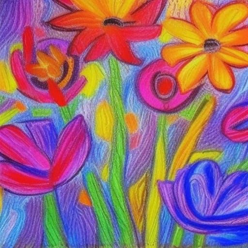 crayon drawing flowers  by @zuki