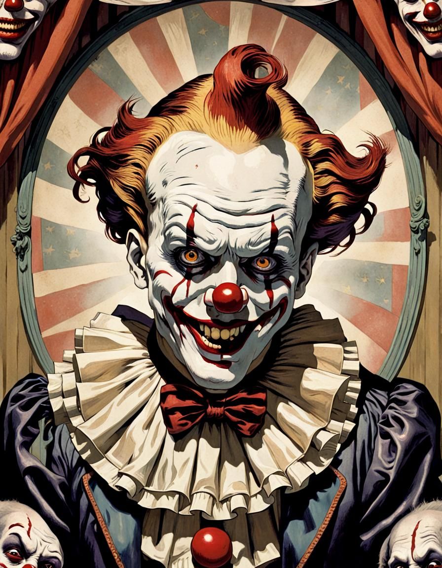 A sinister and macabre clown with dark twist.