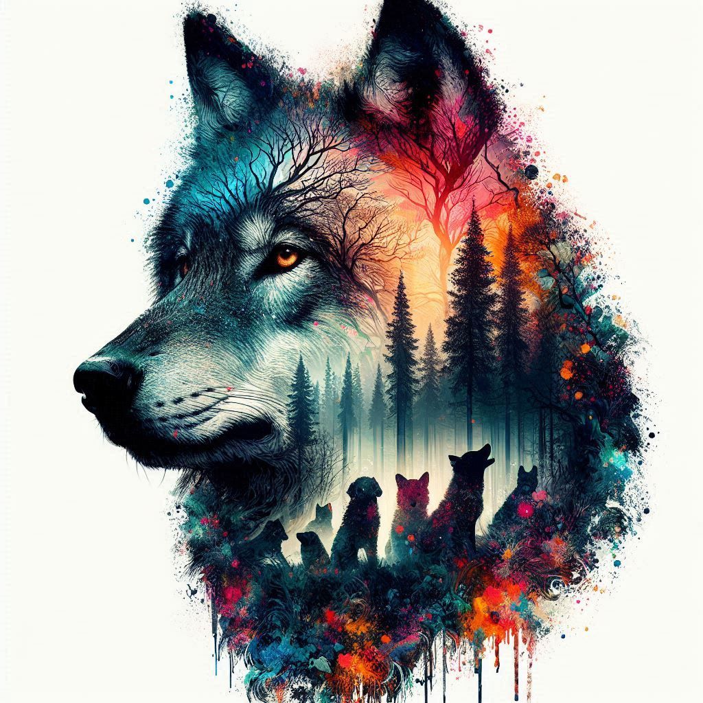 Double Exposure with Wolf and litter
