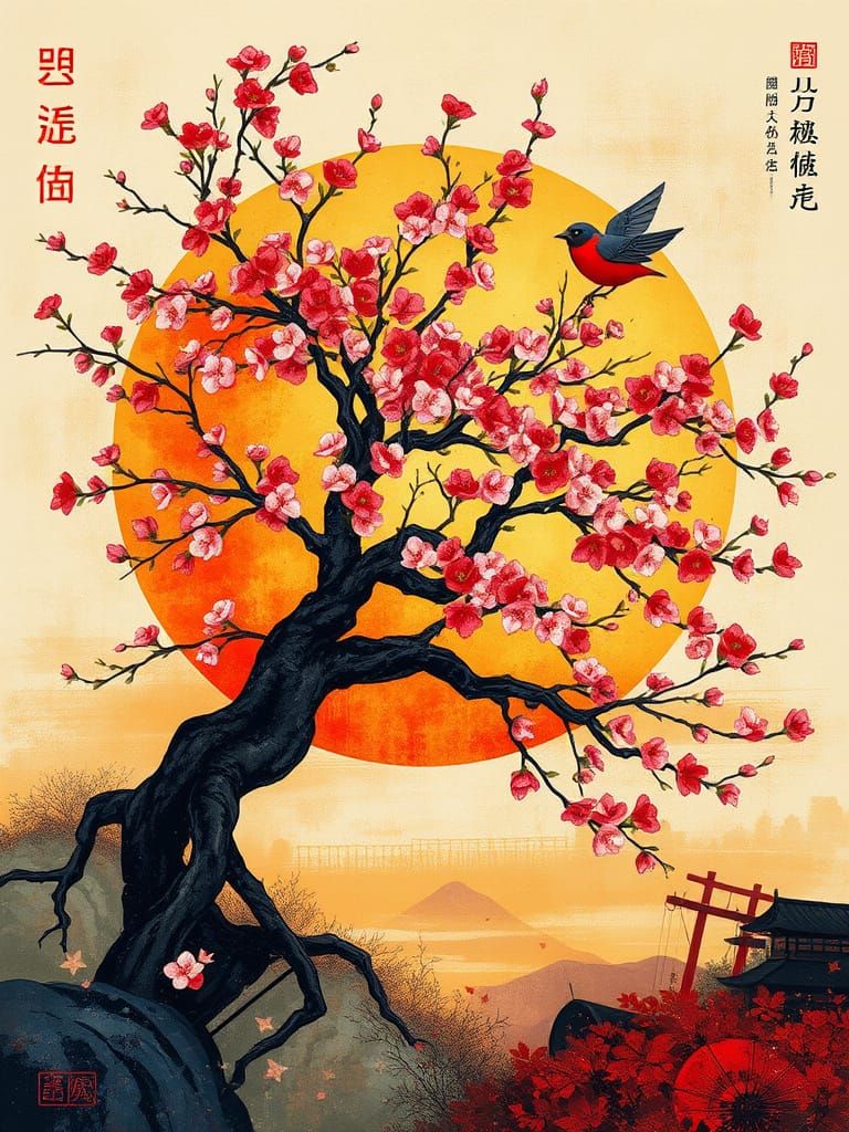 Depict an artistic depiction of [blossom tree sunset bird] in a modern, abstract style. The subject should be filled with traditional Japane...