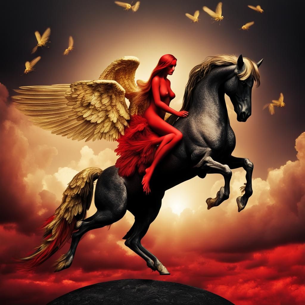 The red angel with golden flies on black Pegasus in surreal ...