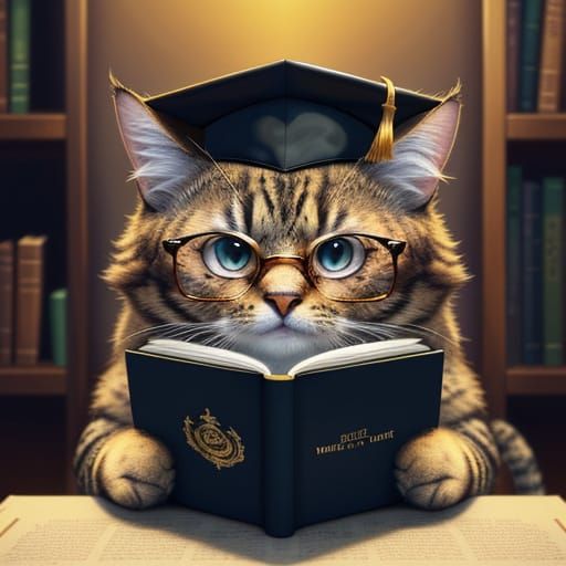 Cute Cat Scholar in Whimsical Academic Setting Digital Paint...