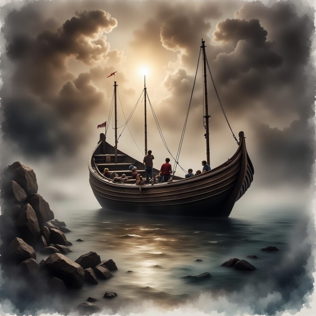 <lora:Landscape Intensity:1.0> Watercolor hazy misty landscape of a wooden ship in a wooden harbor, watercolor, splash art, dark, brownish c...