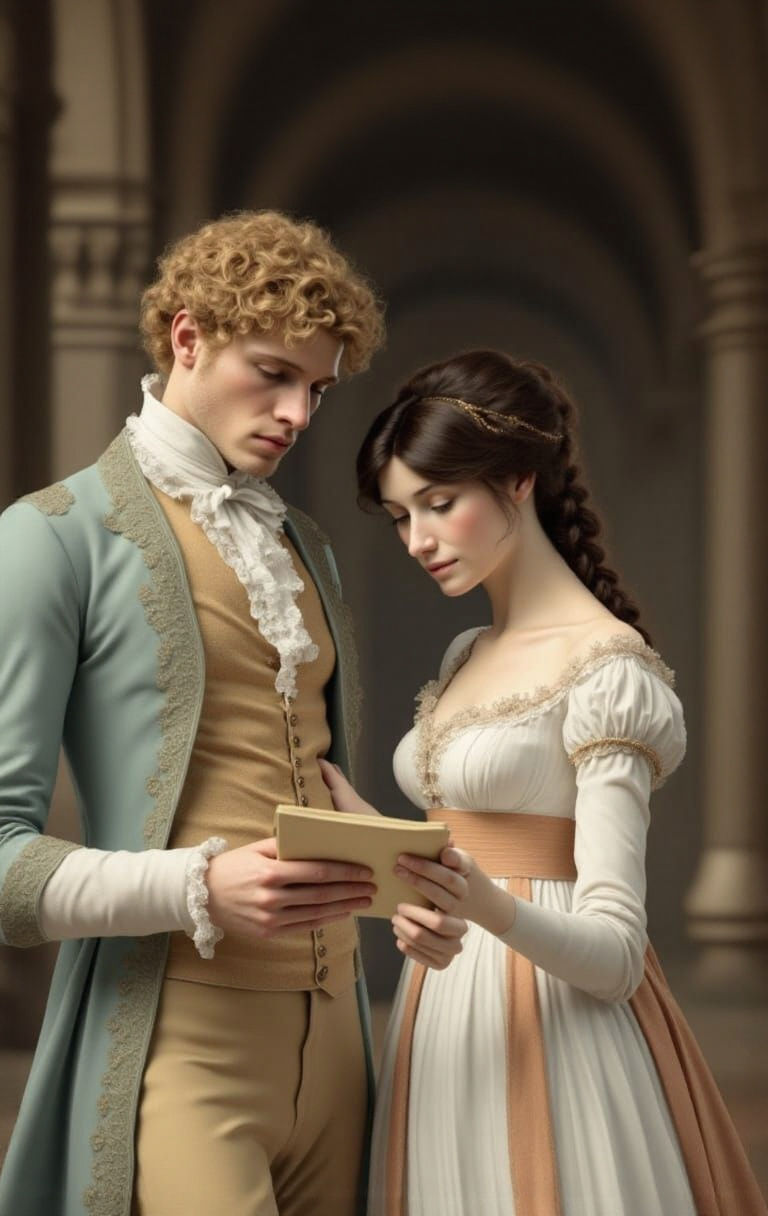 A handsome, tall modish regency man with curly blond hair examining a document with a petite, dark-haired  girl in regency costume, white wi...