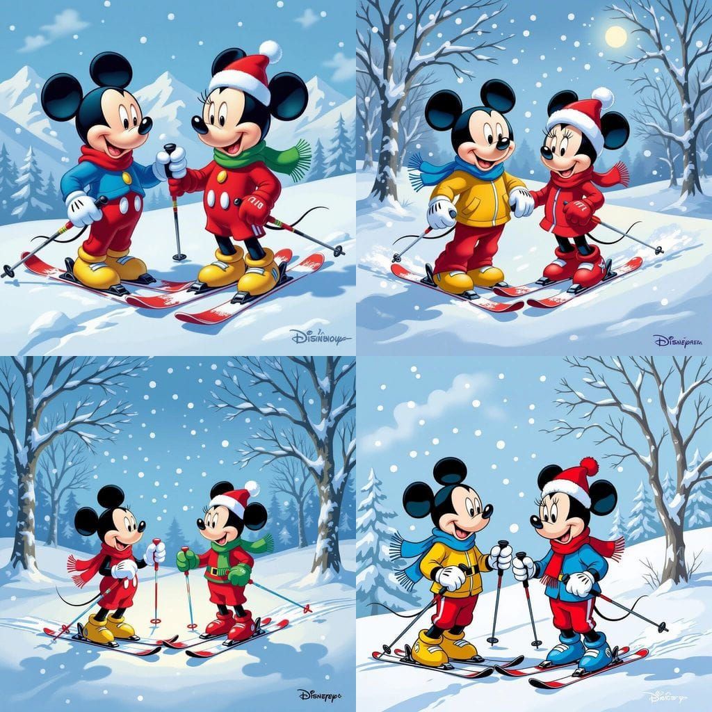 Mickey and Minnie Skiing in Snowy Landscape