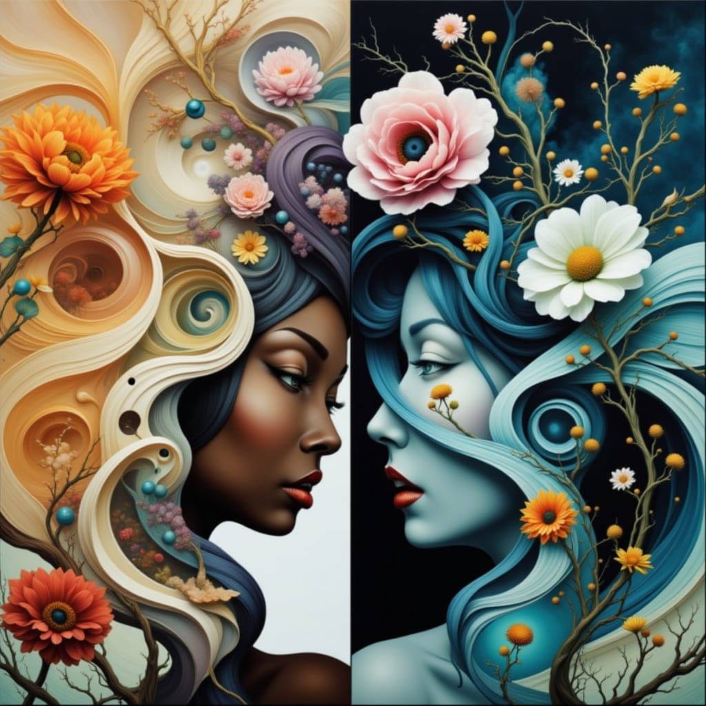 split beauty, split canvas pretty woman, two worlds, teal/gold, swirling vortex <lora:Surreal Rennaisance:1.0>