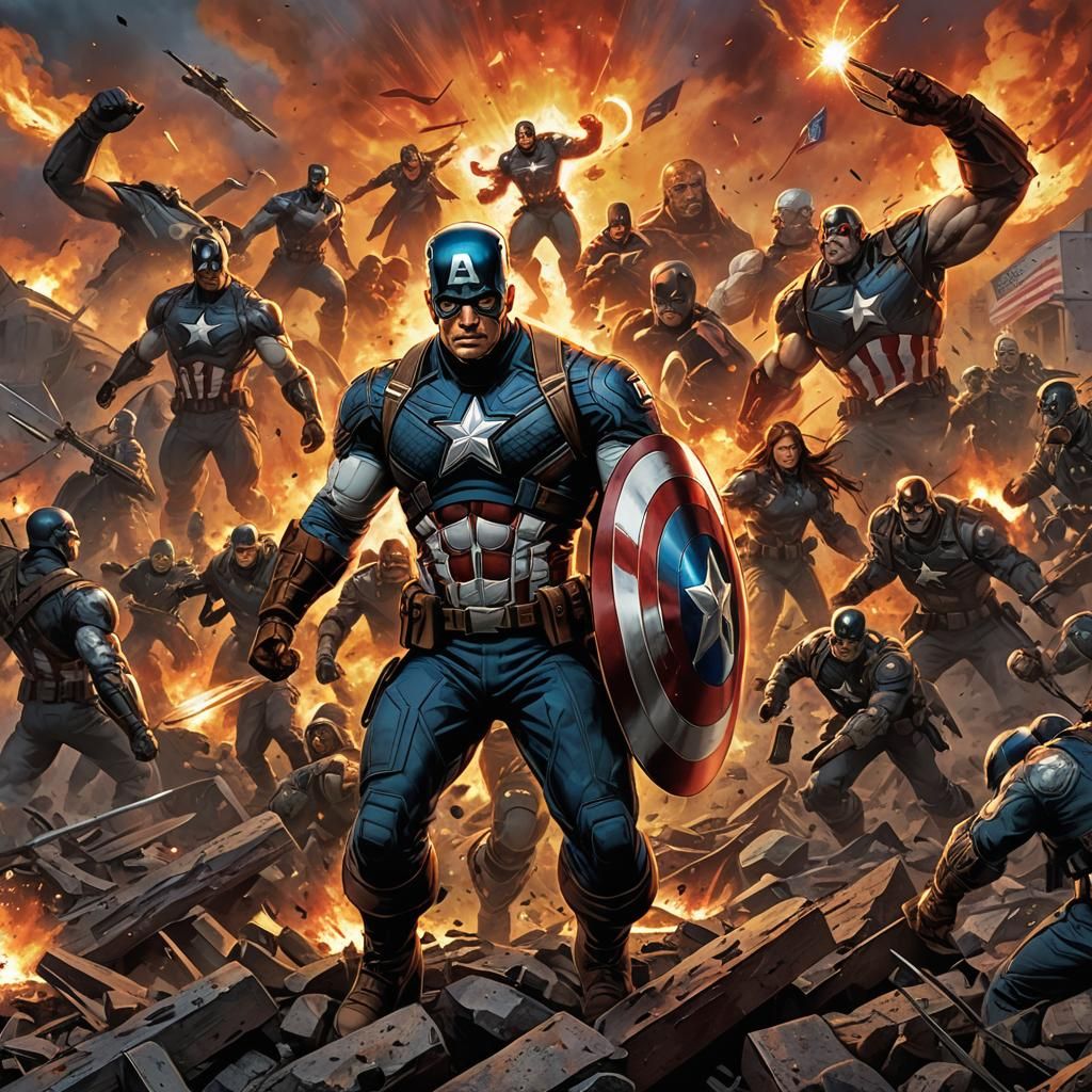 "Captain America, standing resolute amidst a battlefield eng...