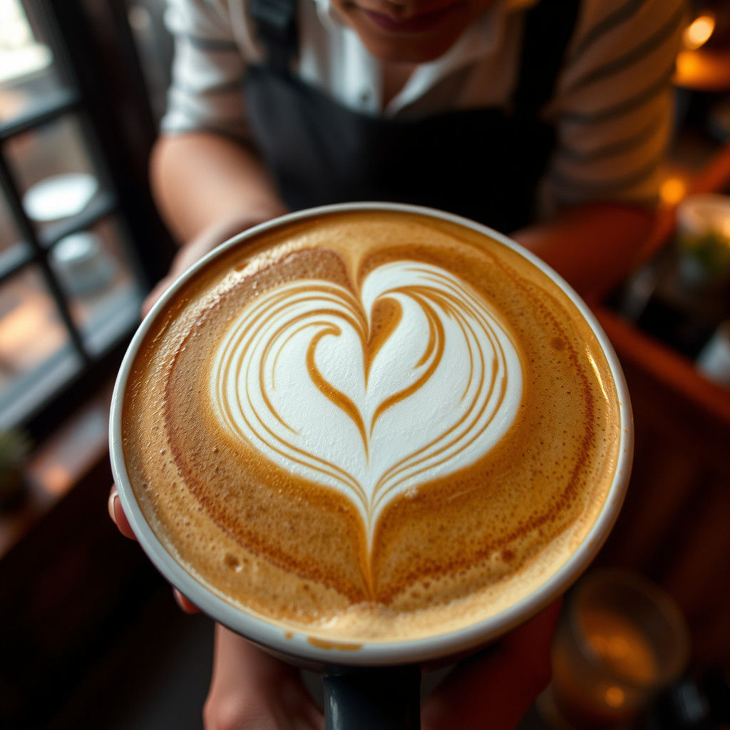 A close-up of a latte with a detailed heart or leaf design f...