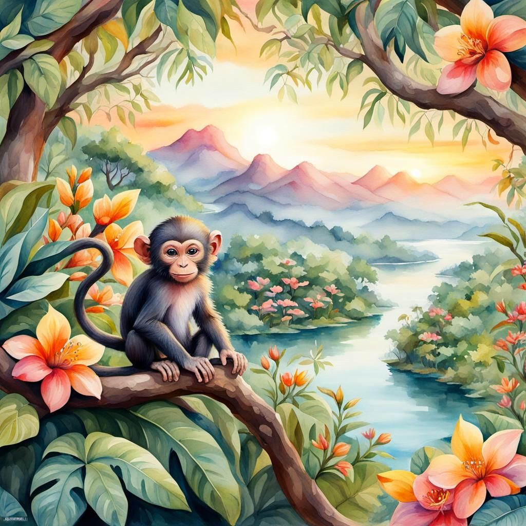 Monkey and a colorful landscape