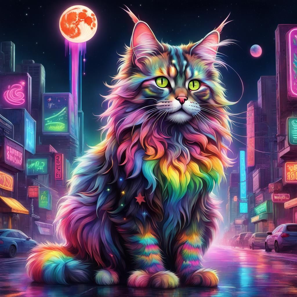 Cyberpunk Rainbow Maine Coon Cat