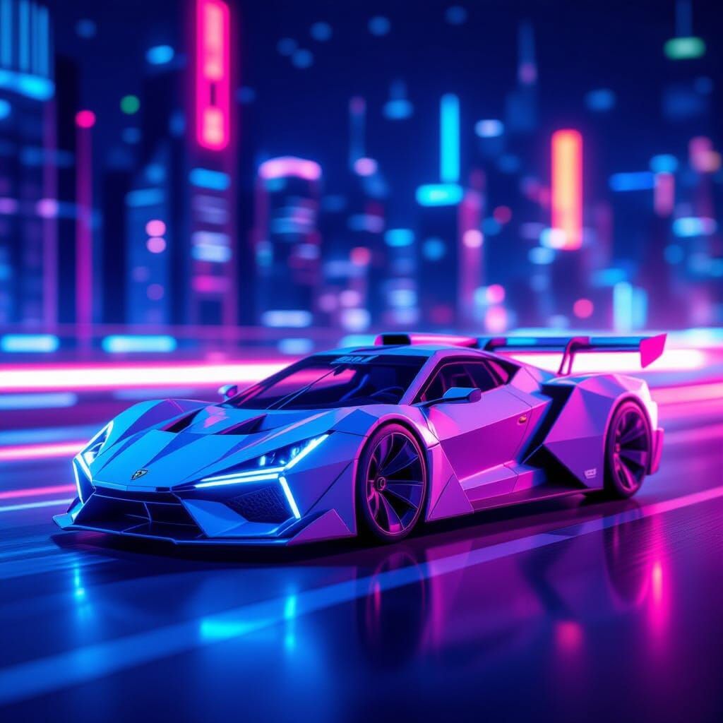 Origami Race Car in Futuristic City with Neon Accents