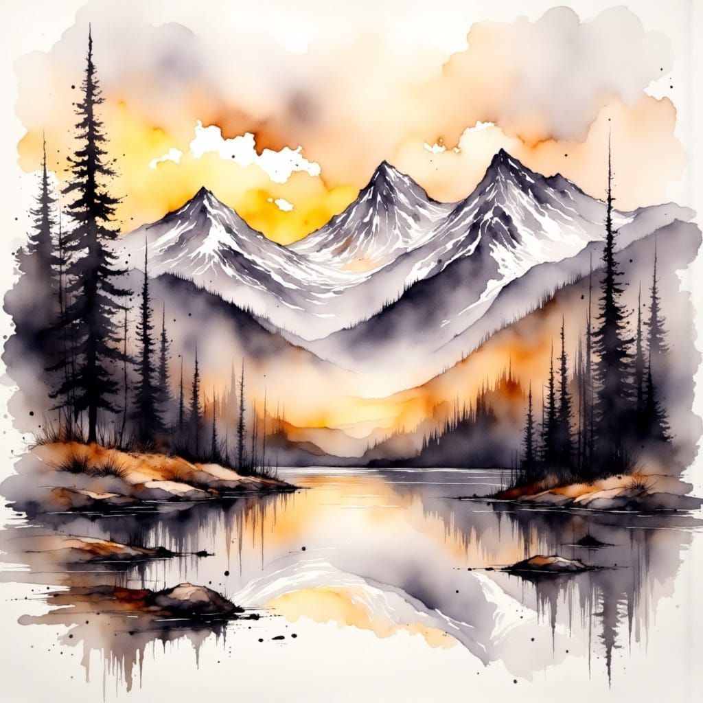 <lora:Watercolour Whispers:1.0> Watercolour painting on aged canvas. Beautiful mountains with wispy clouds at the peaks, lake and deciduous ...
