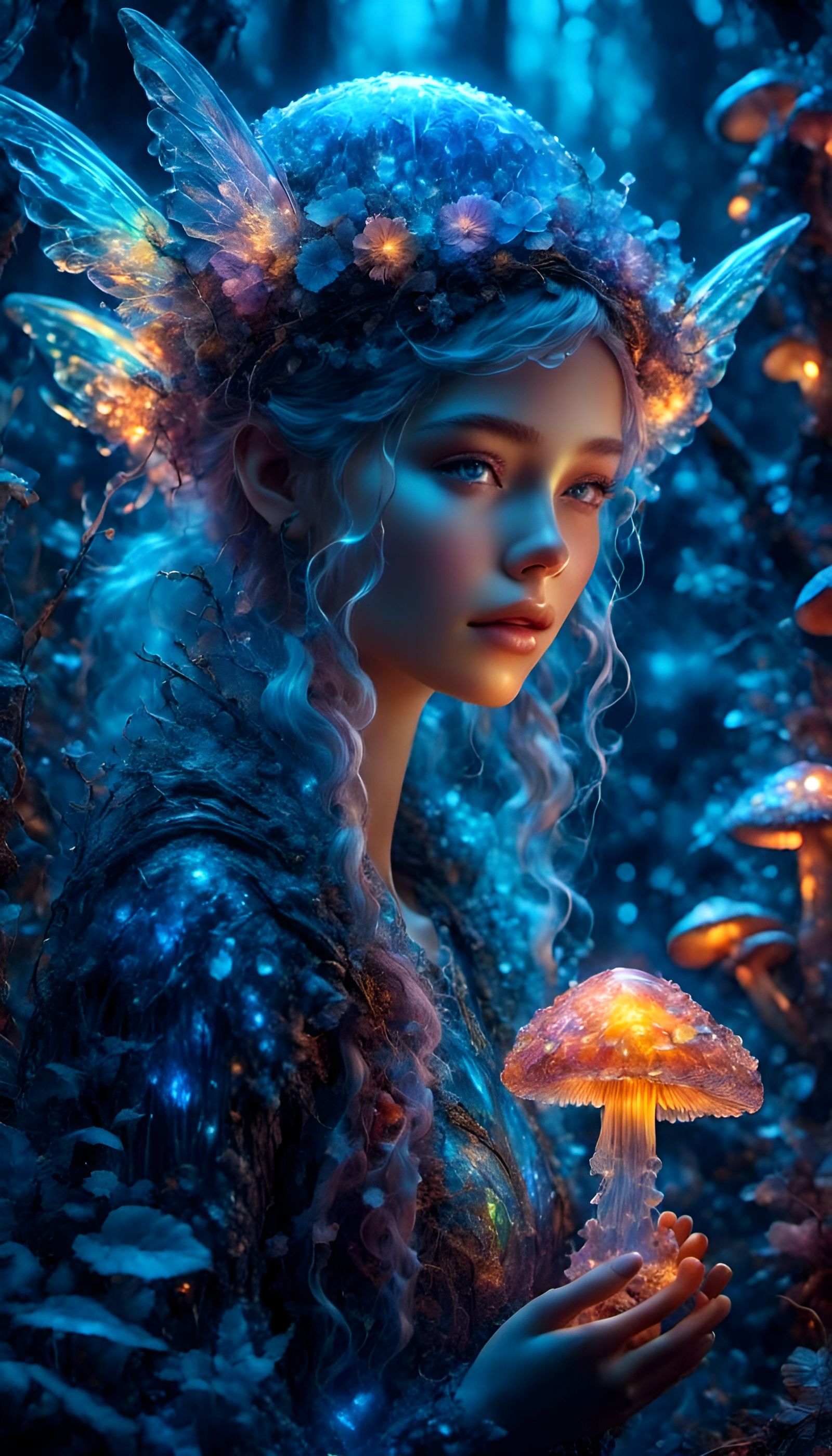 Rainbow Fairy in Bioluminescent Mushroom Forest