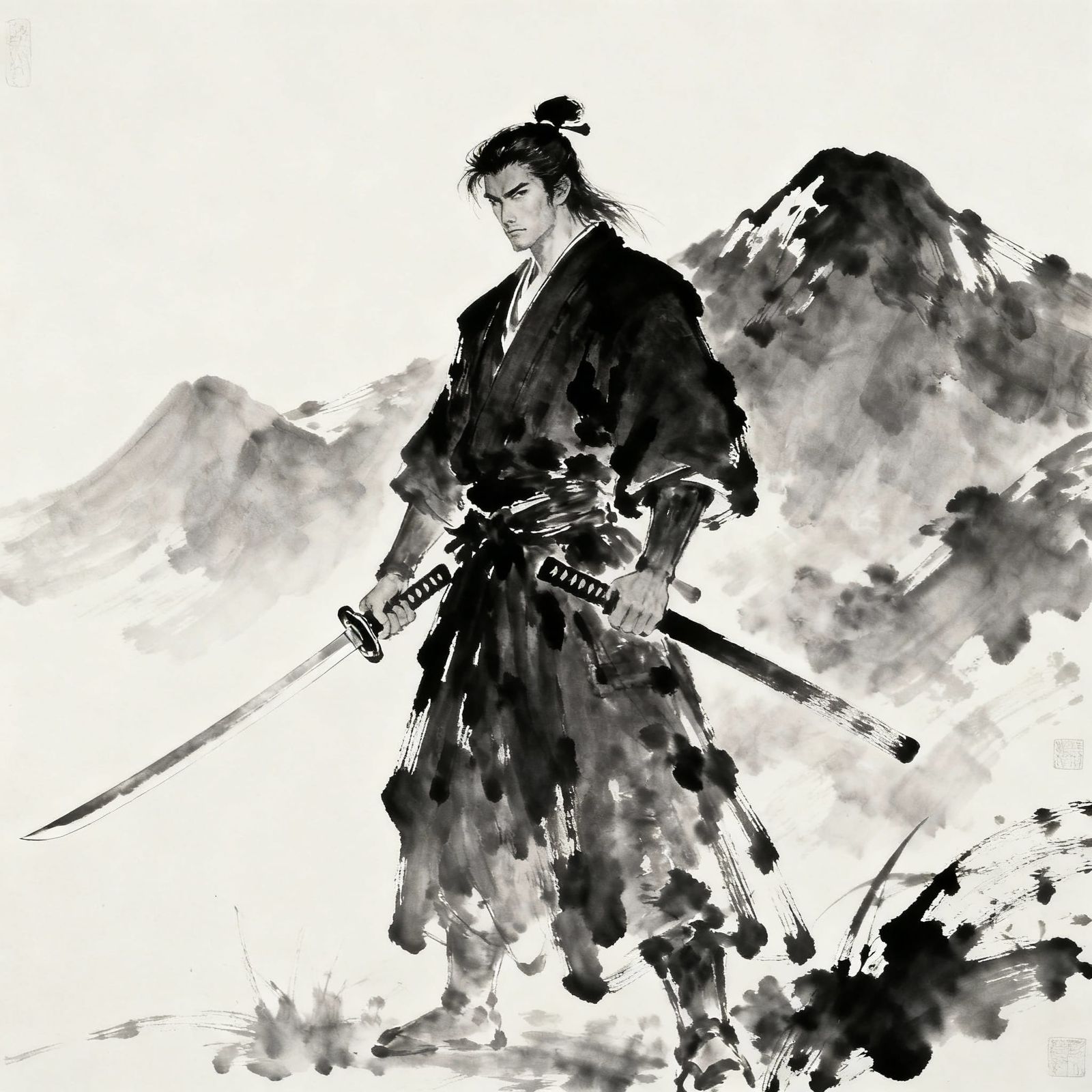 Samurai Warrior Ready to Strike in Mountain Landscape