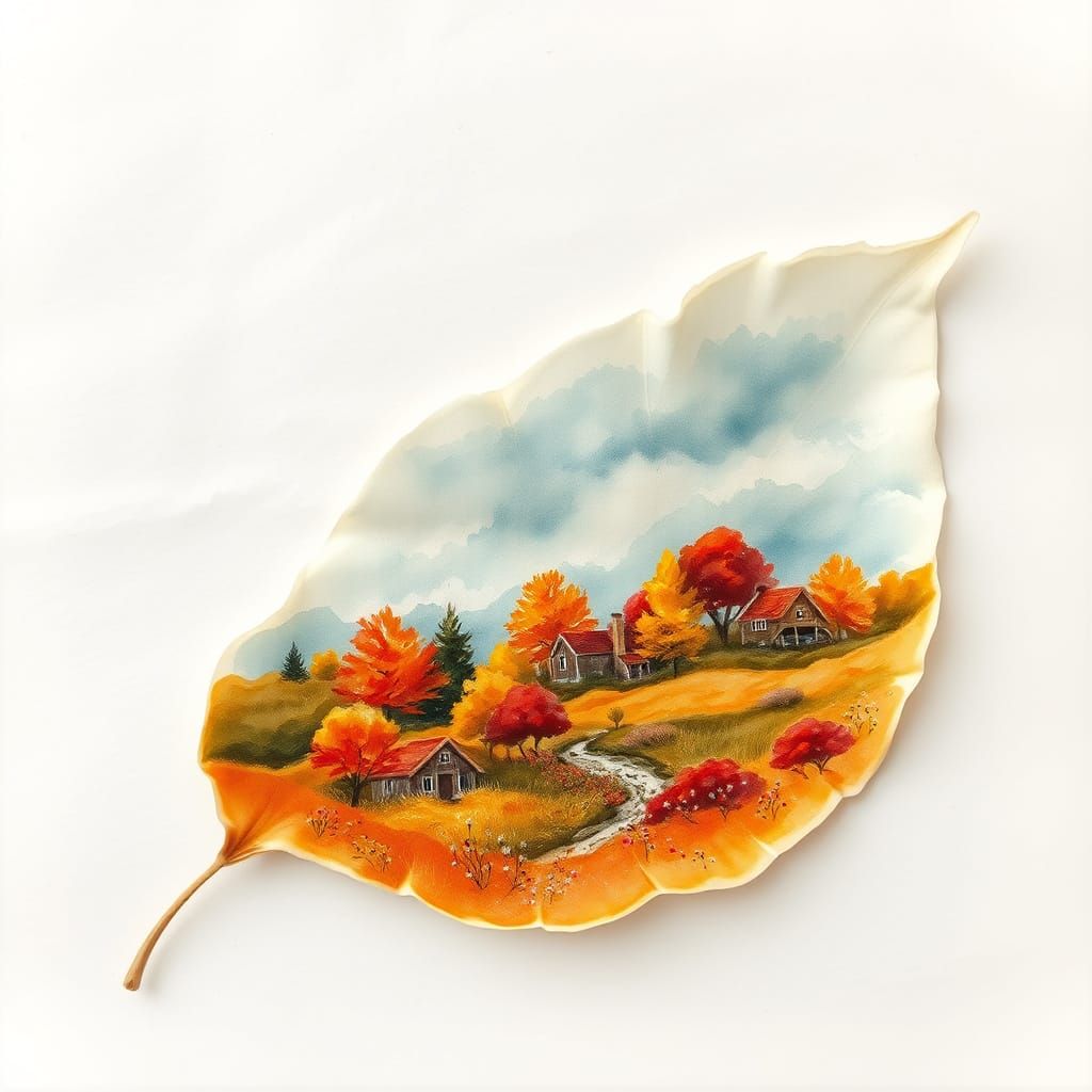 "Create a high-resolution artistic image of a single, softly textured watercolor leaf as the main canvas. ...  by @sea
