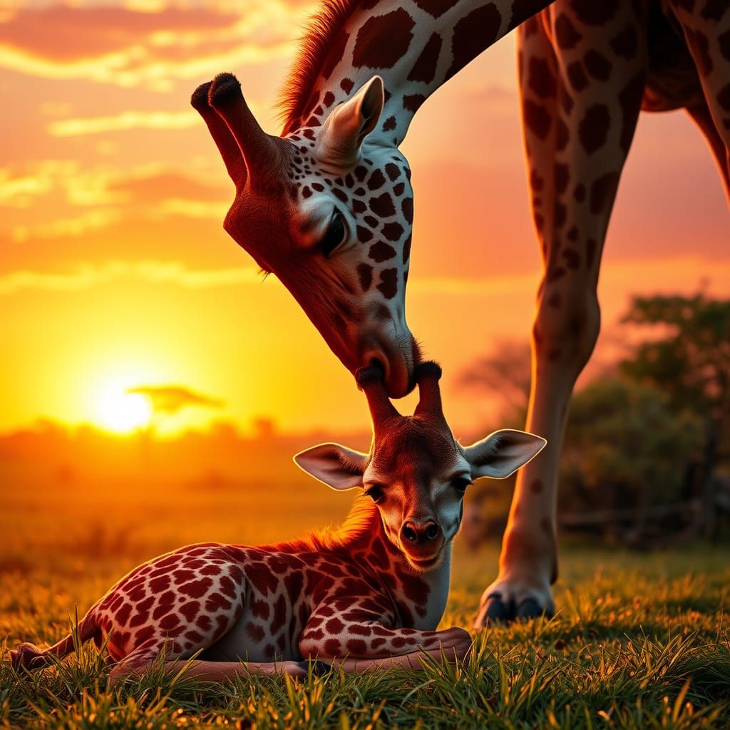 Mama giraffe bending her head down to kiss the top of her baby giraffes head as it lays on the grass. ...  by @Gern Blansten