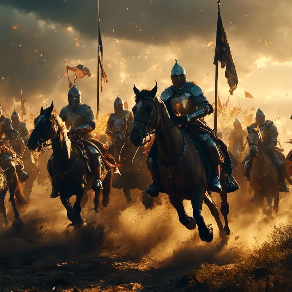 <lora:MJ6 Cinema Close Ups:1.0> 8k resolution of An epic scene of a group of knights riding into battle, in the style of Alex Alemany, illus...