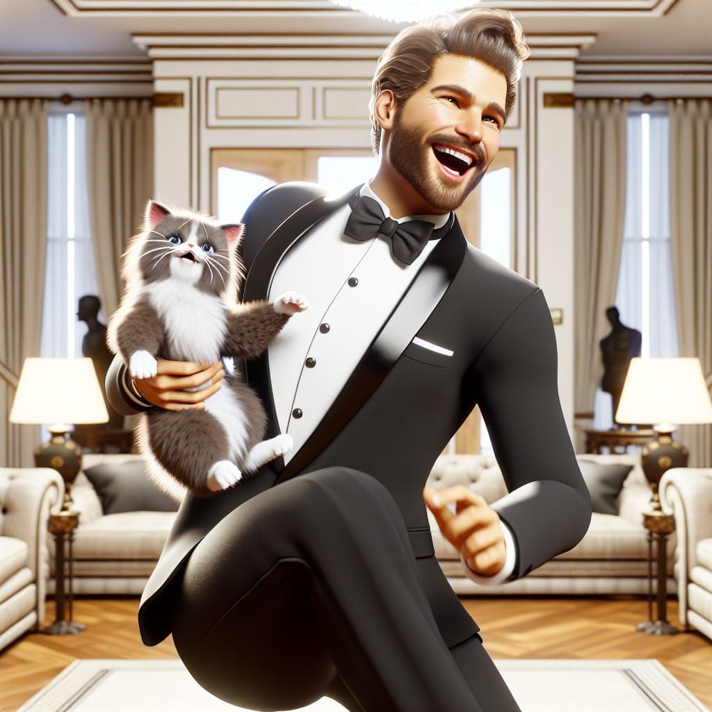 Disney Pixar style 3D handsome gorgeous man, holding his cat...