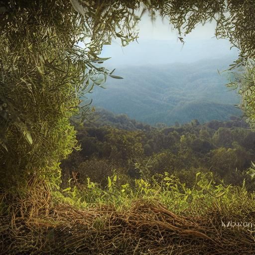 Hill, olive groves, vineyards, oaks, firs, in the light of d...
