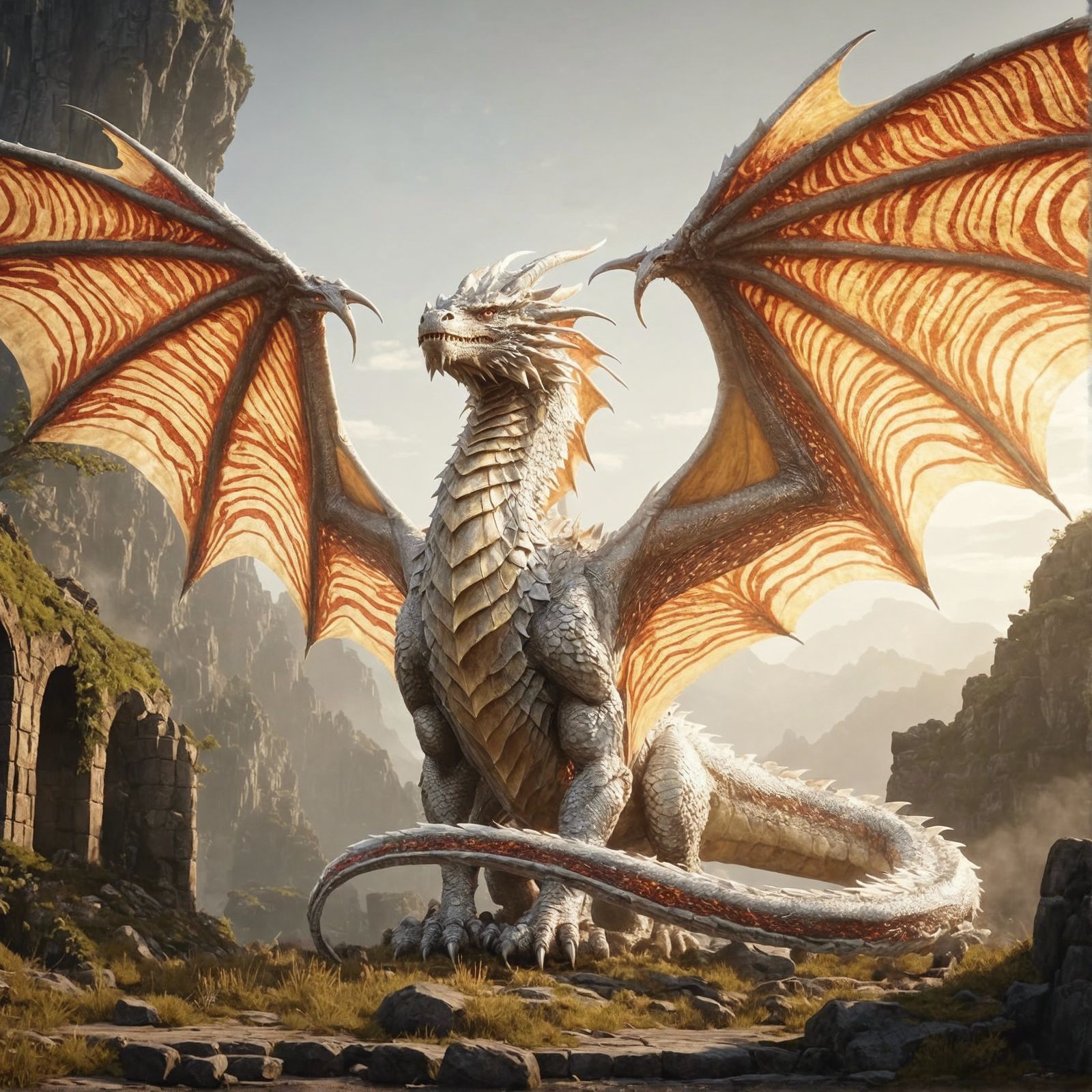 Albino Dragon Amongst Some Ruins