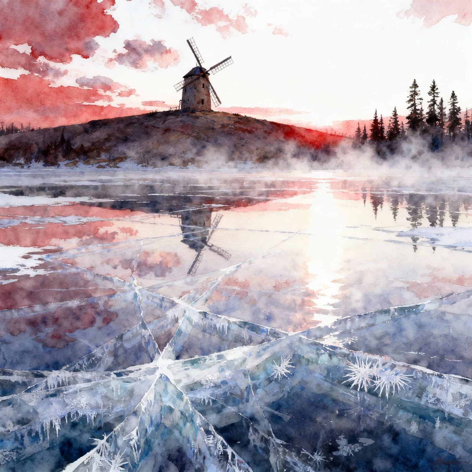 Watercolor Impasto Windmill by Frozen Lake at Dawn